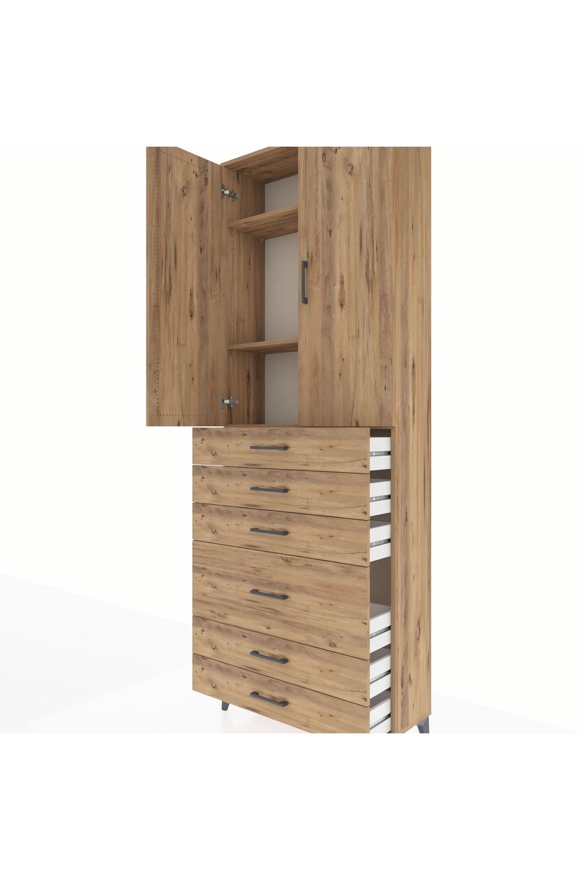 Arges Dolap 3 Raflı 6 Çekmeceli 2 Kapaklı 88x30x243 Çam-Çam