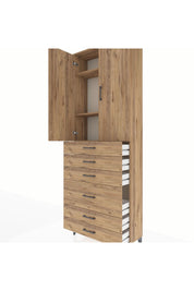 Arges Dolap 3 Raflı 6 Çekmeceli 2 Kapaklı 88x30x243 Çam-Çam