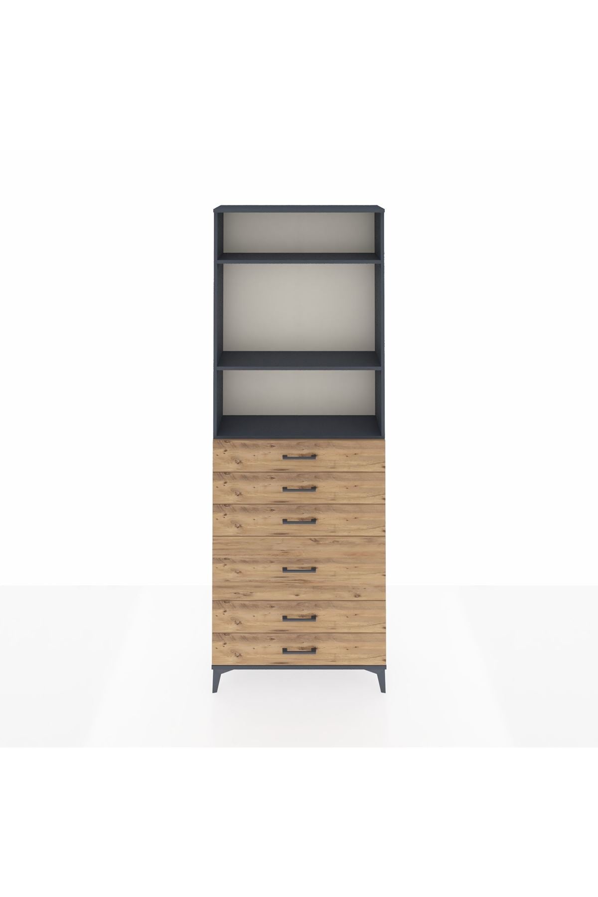 Arges Dolap 3 Raflı 6 Çekmeceli 2 Kapaklı 88x30x243 Antrasit-Çam