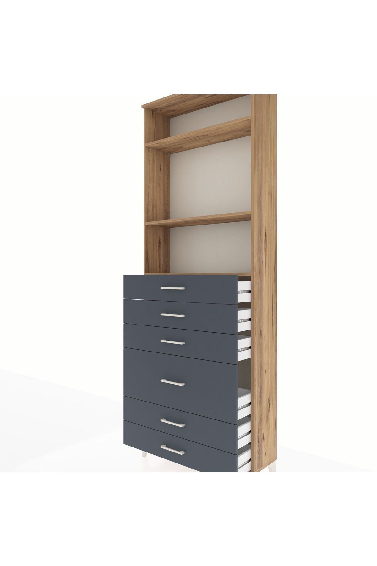 Arges Dolap 3 Raflı 6 Çekmeceli 2 Kapaklı 88x30x243 Çam-Antrasit