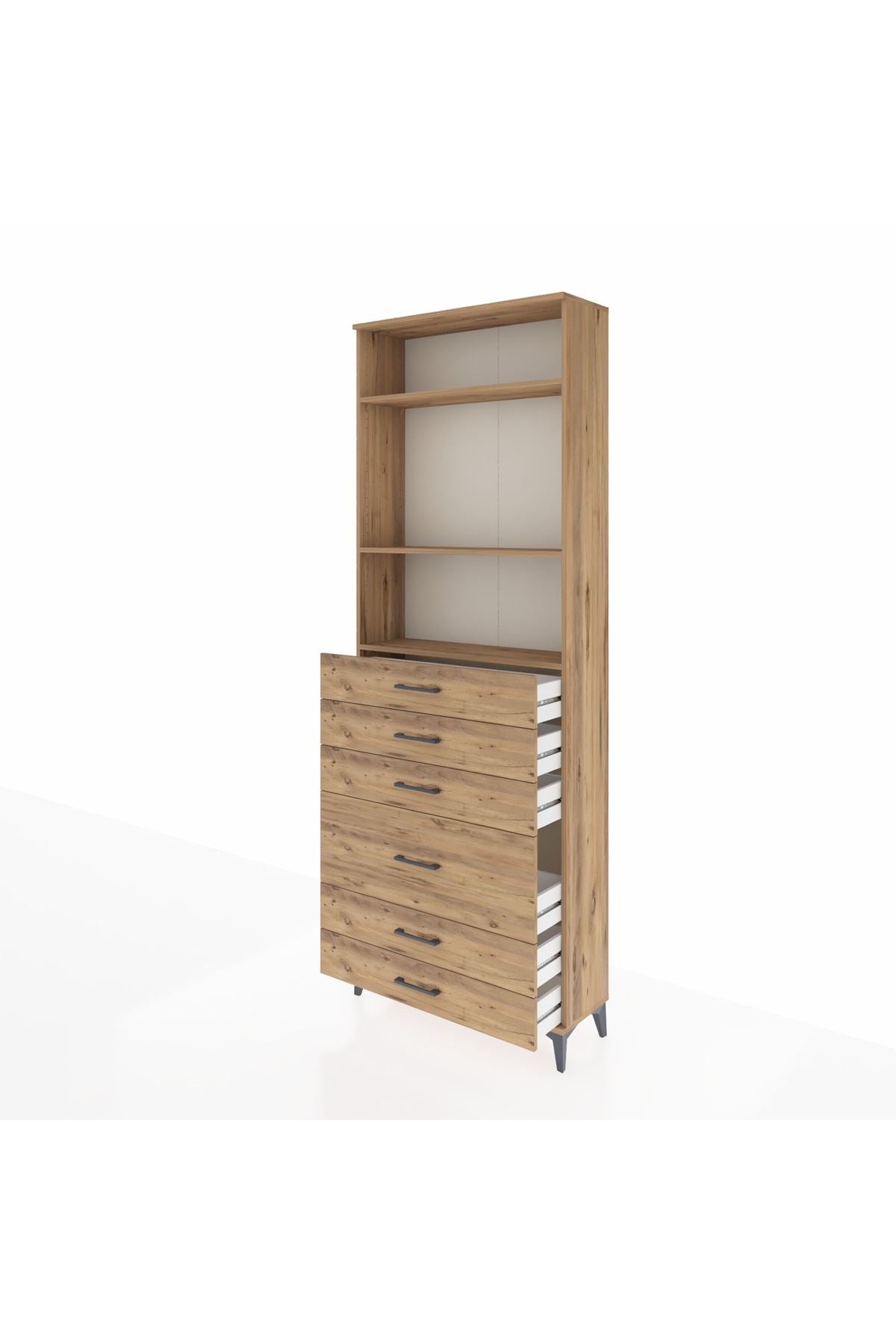 Arges Dolap 3 Raflı 6 Çekmeceli 2 Kapaklı 88x30x243 Çam-Çam