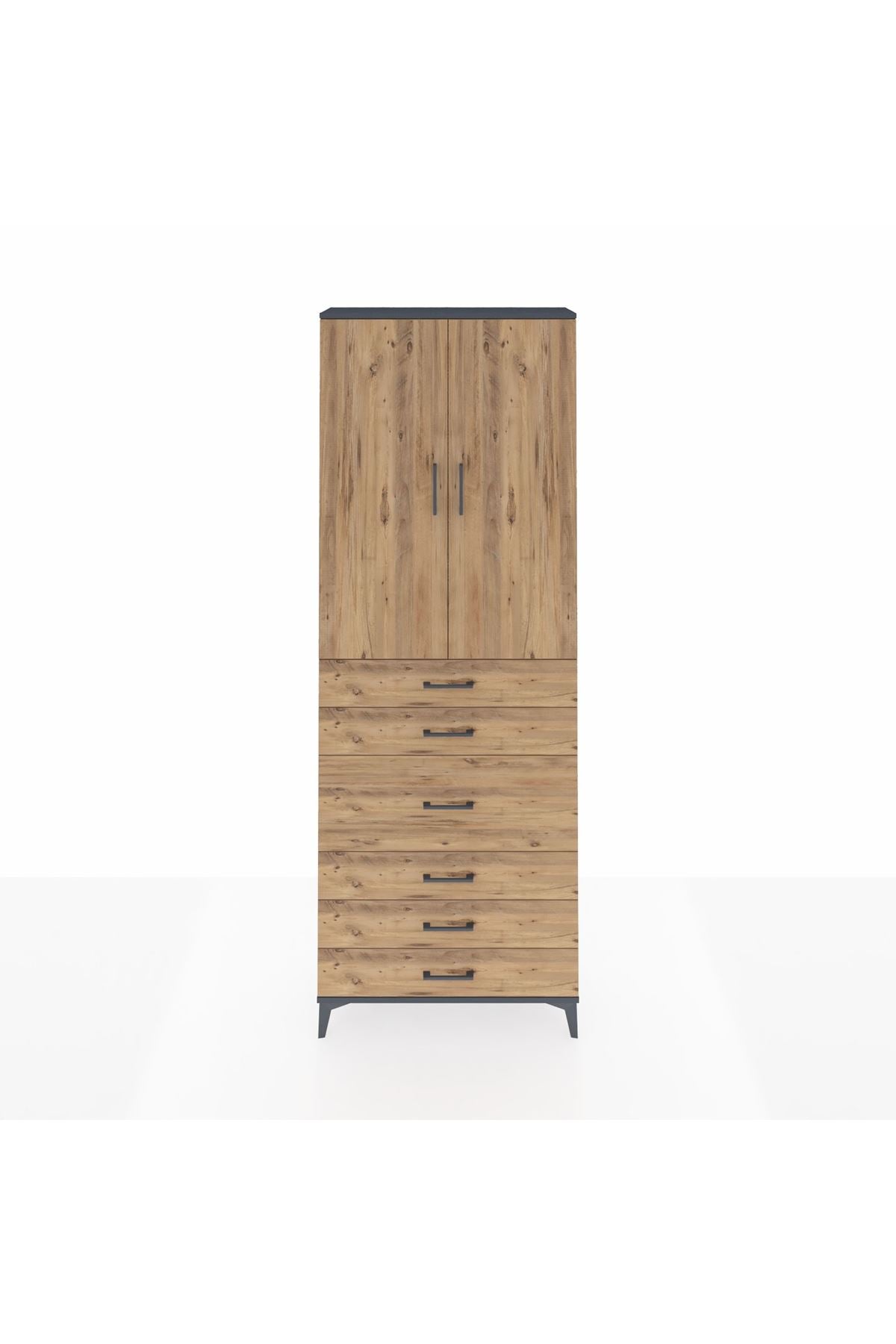 Arges Dolap 4 Raflı 4 Çekmeceli 2 Kapaklı 88x30x243 Antrasit-Çam