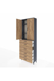 Arges Dolap 4 Raflı 4 Çekmeceli 2 Kapaklı 88x30x243 Antrasit-Çam