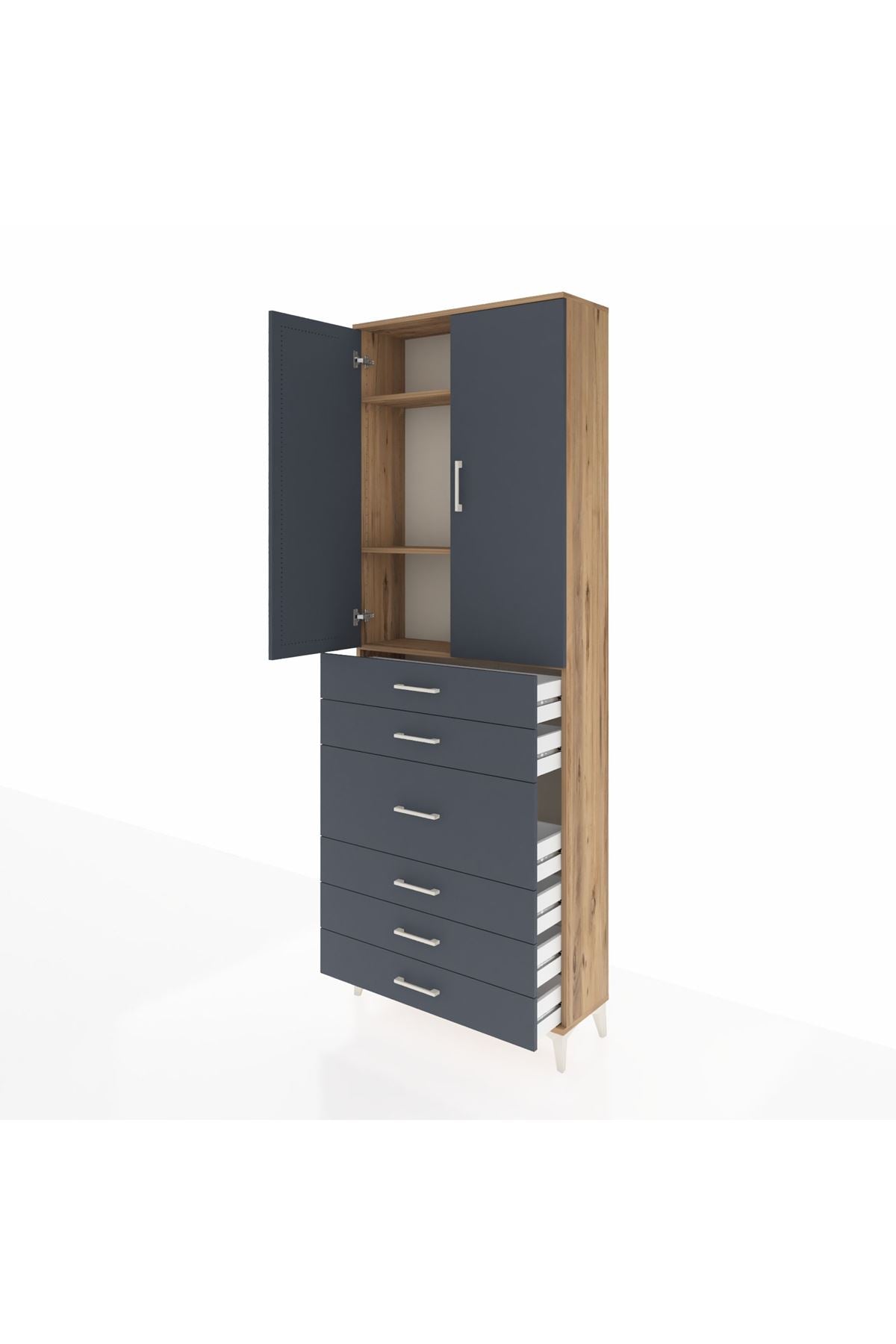 Arges Dolap 4 Raflı 4 Çekmeceli 2 Kapaklı 88x30x243 Çam-Antrasit