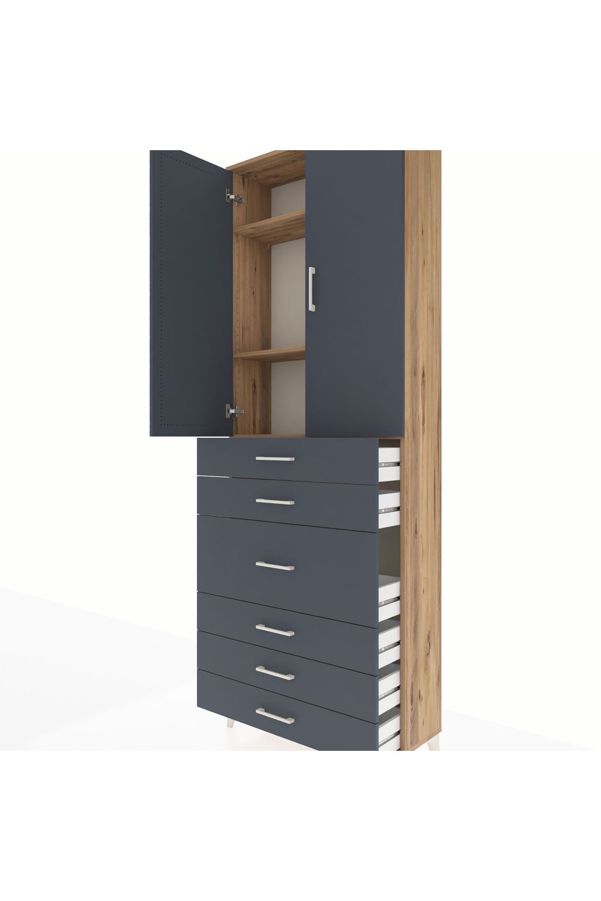 Arges Dolap 4 Raflı 4 Çekmeceli 2 Kapaklı 88x30x243 Çam-Antrasit