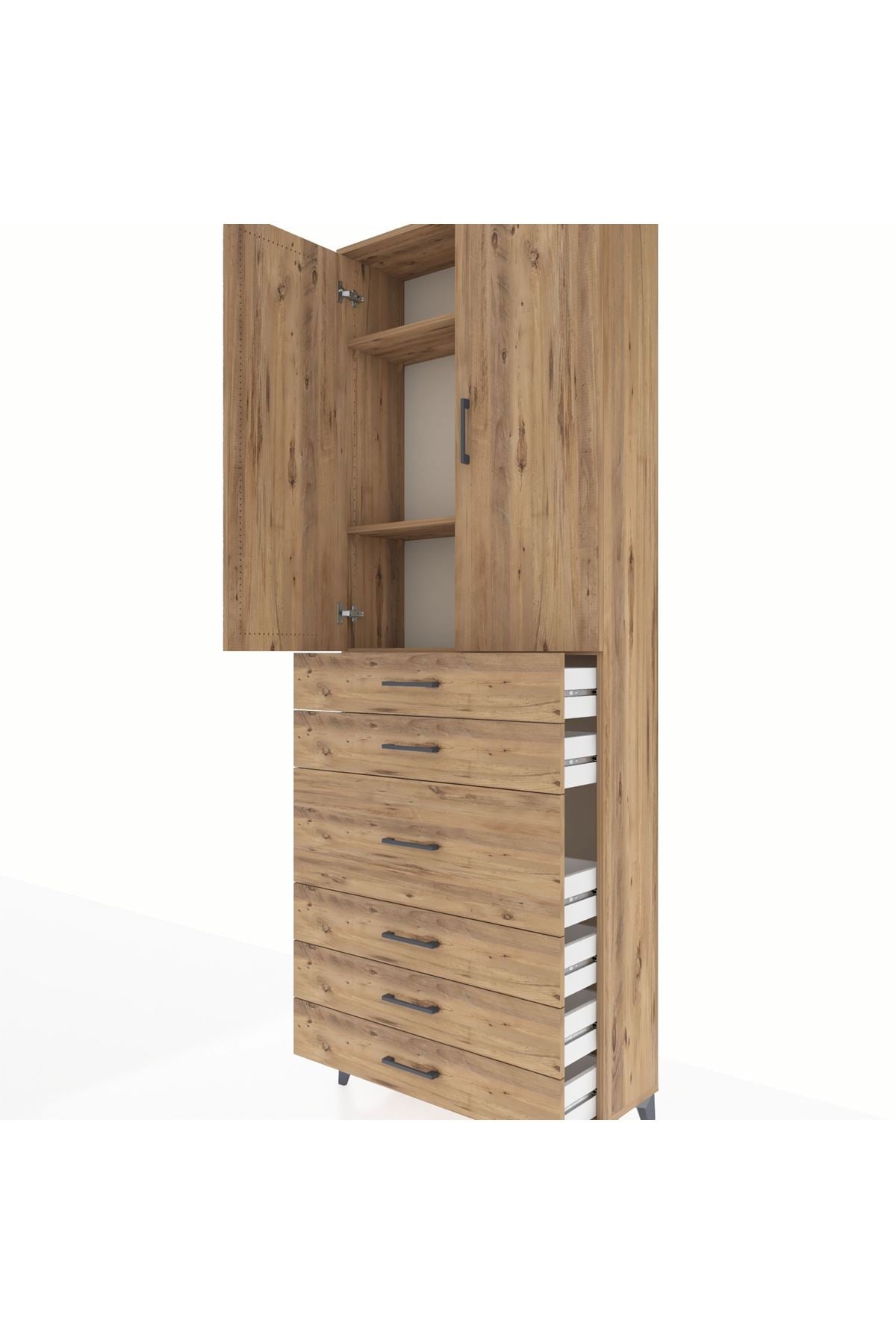 Arges Dolap 4 Raflı 4 Çekmeceli 2 Kapaklı 88x30x243 Çam-Çam