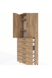 Arges Dolap 4 Raflı 4 Çekmeceli 2 Kapaklı 88x30x243 Çam-Çam