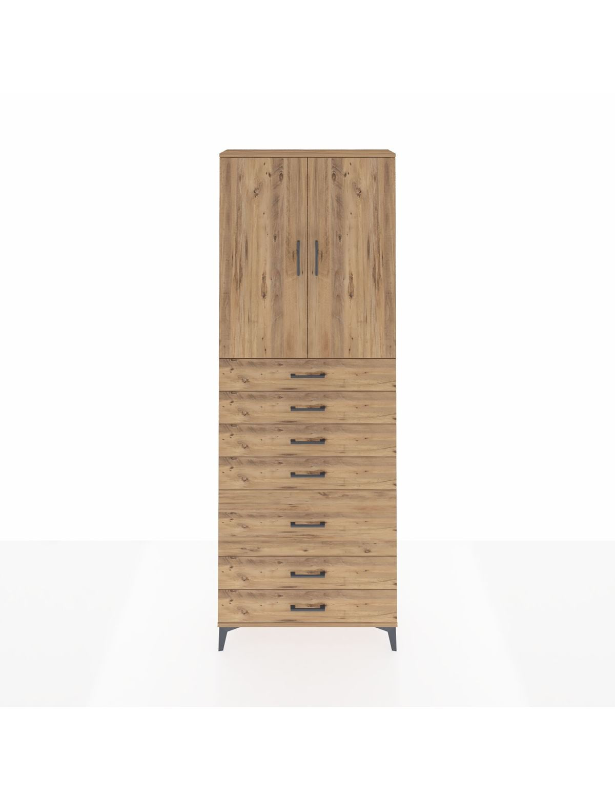 Arges Dolap 3 Raflı 5 Çekmeceli 2 Kapaklı 88x30x243 Çam-Çam