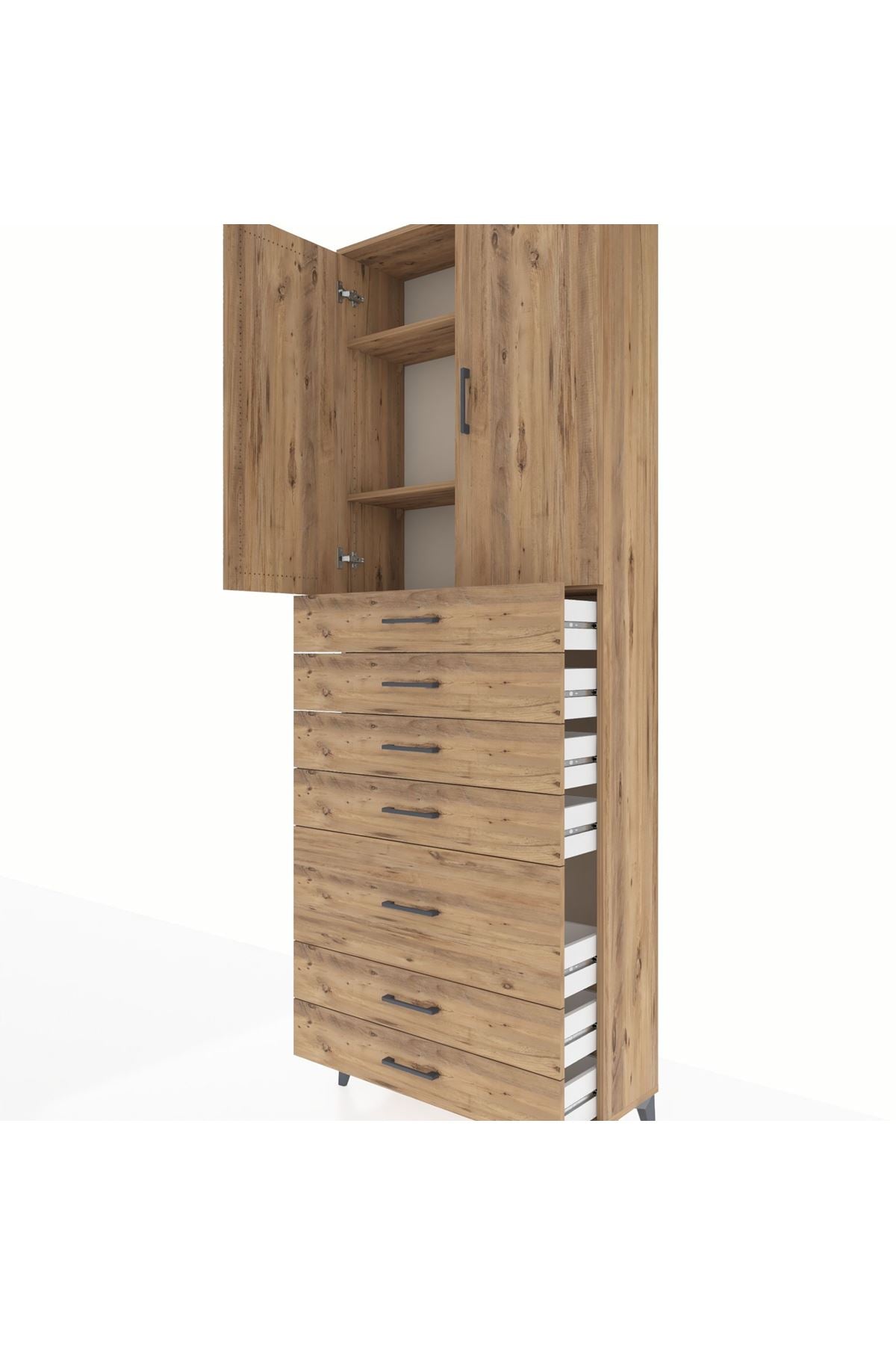 Arges Dolap 3 Raflı 5 Çekmeceli 2 Kapaklı 88x30x243 Çam-Çam