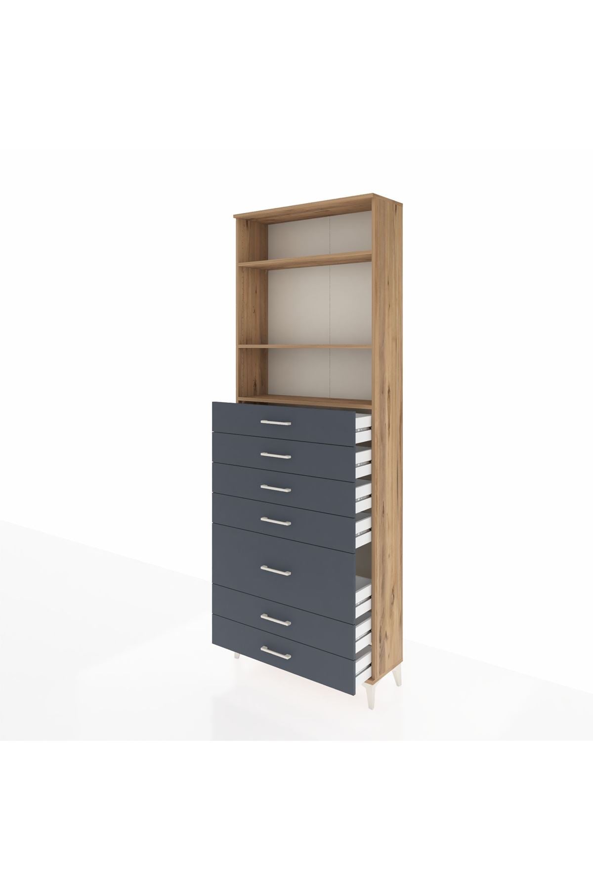 Arges Dolap 3 Raflı 7 Çekmeceli 88x30x243 Çam-Antrasit