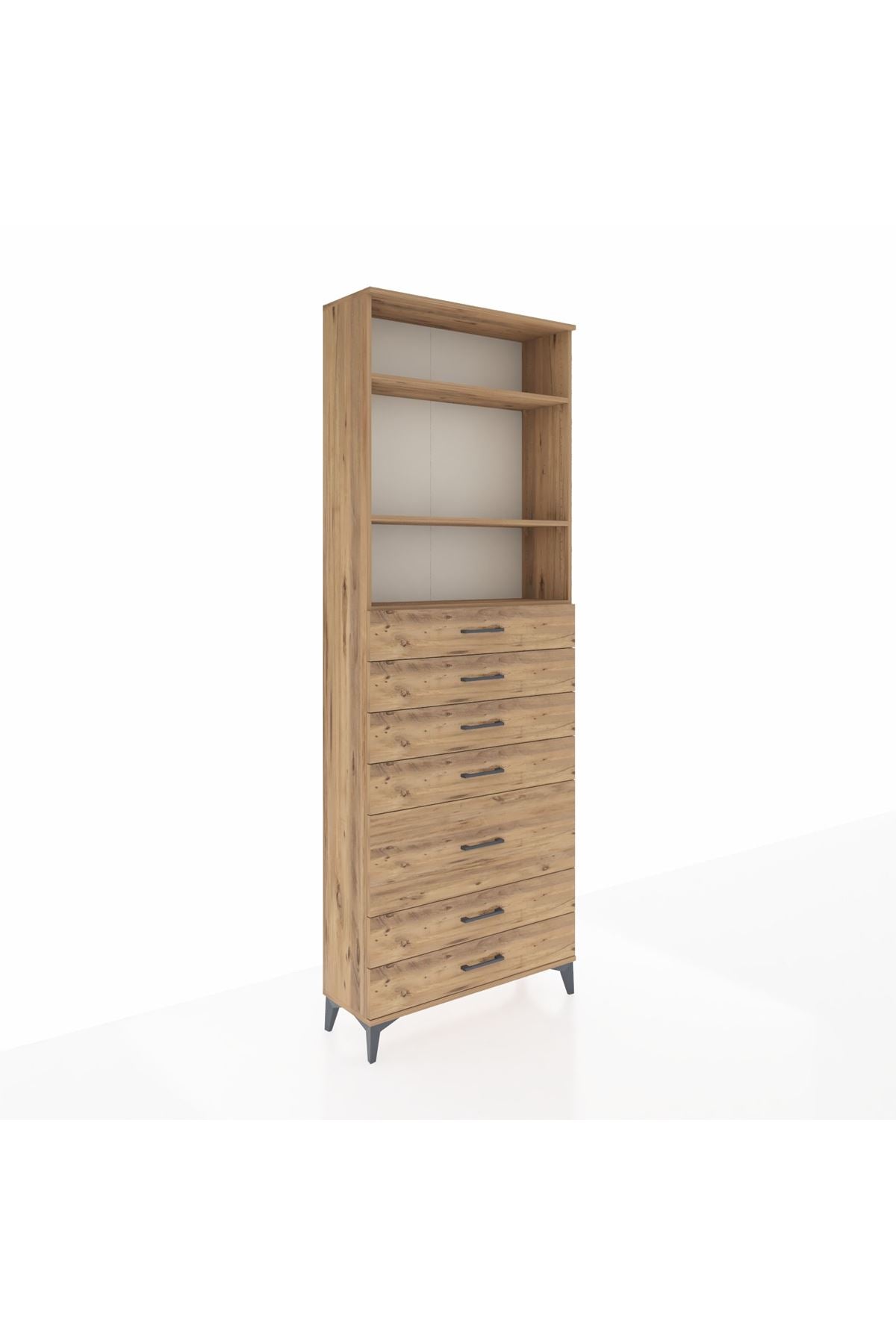 Arges Dolap 3 Raflı 7 Çekmeceli 88x30x243 Çam-Çam