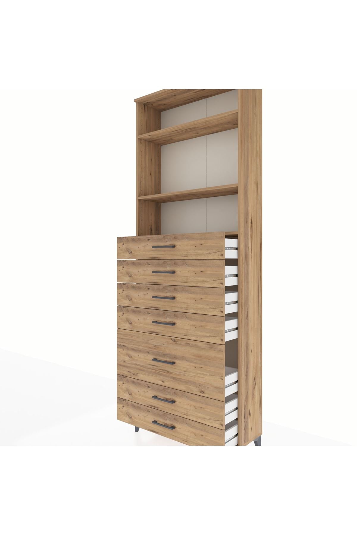 Arges Dolap 3 Raflı 7 Çekmeceli 88x30x243 Çam-Çam