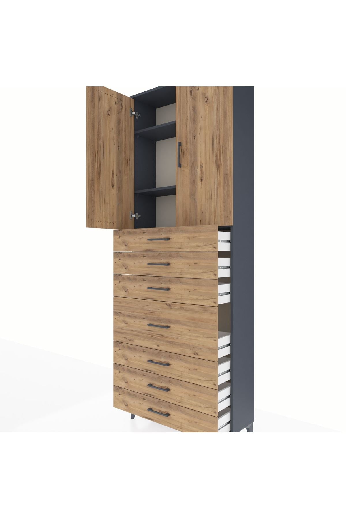 Arges Dolap 3 Raflı 7 Çekmeceli 2 Kapaklı 88x30x243 Antrasit-Çam