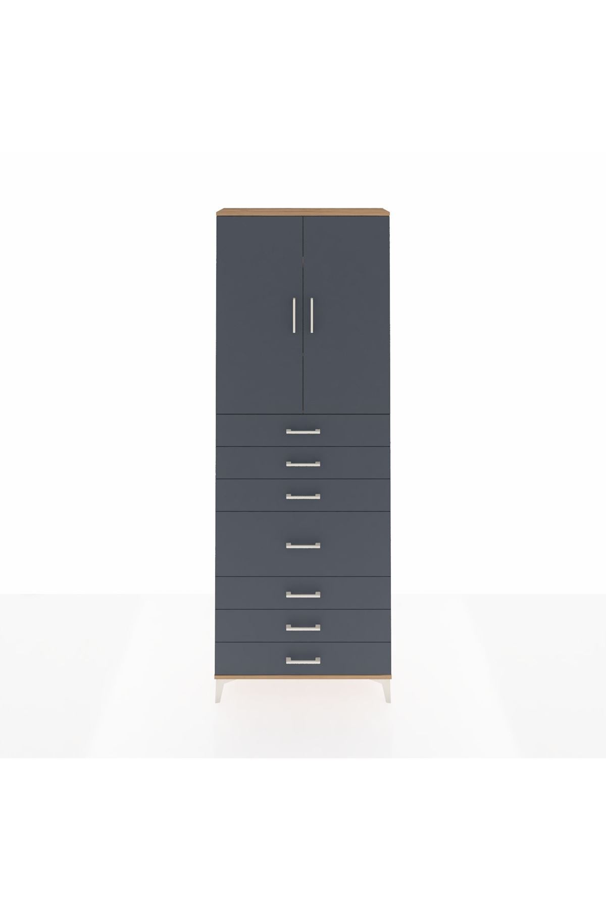 Arges Dolap 3 Raflı 7 Çekmeceli 2 Kapaklı 88x30x243 Çam-Antrasit