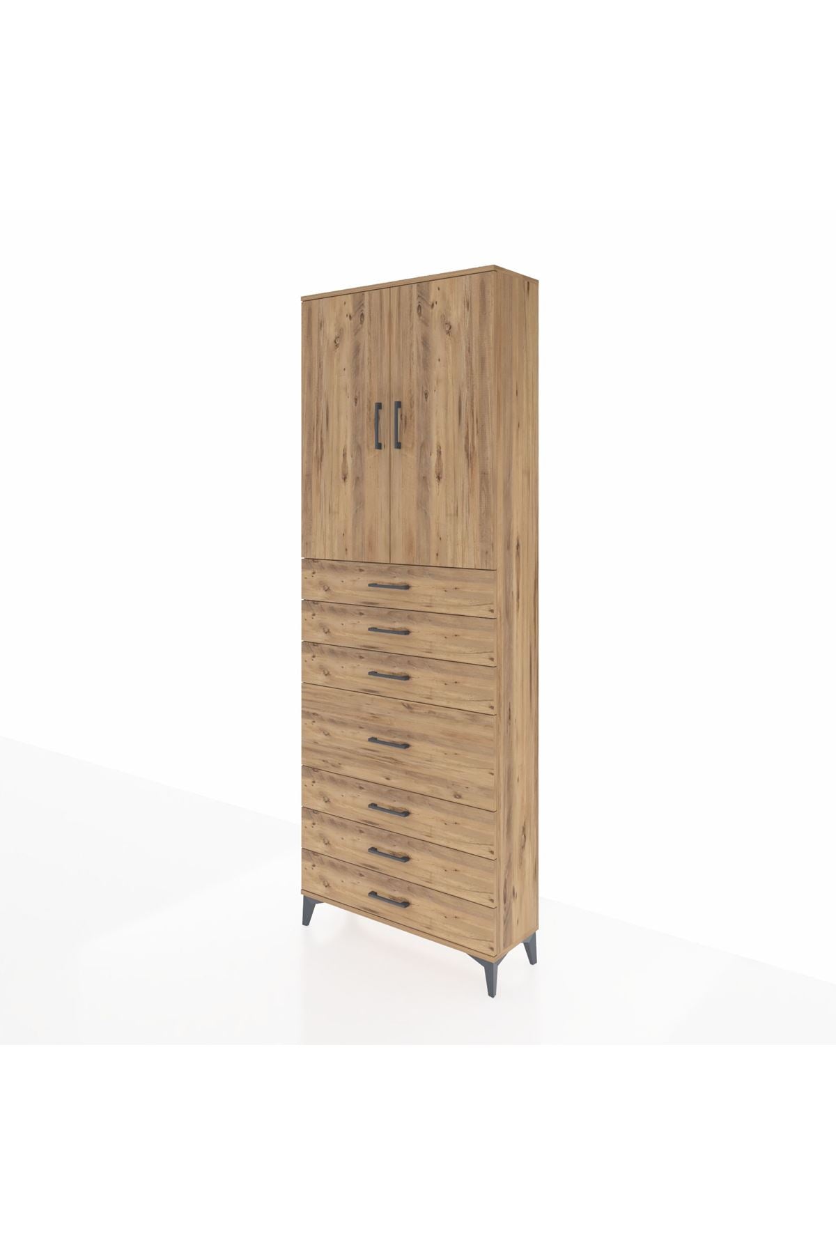 Arges Dolap 3 Raflı 7 Çekmeceli 2 Kapaklı 88x30x243 Çam-Çam