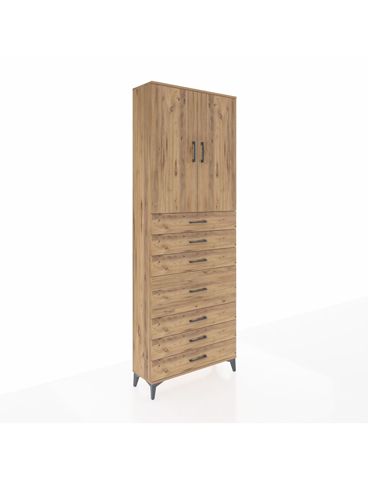 Arges Dolap 3 Raflı 7 Çekmeceli 2 Kapaklı 88x30x243 Çam-Çam