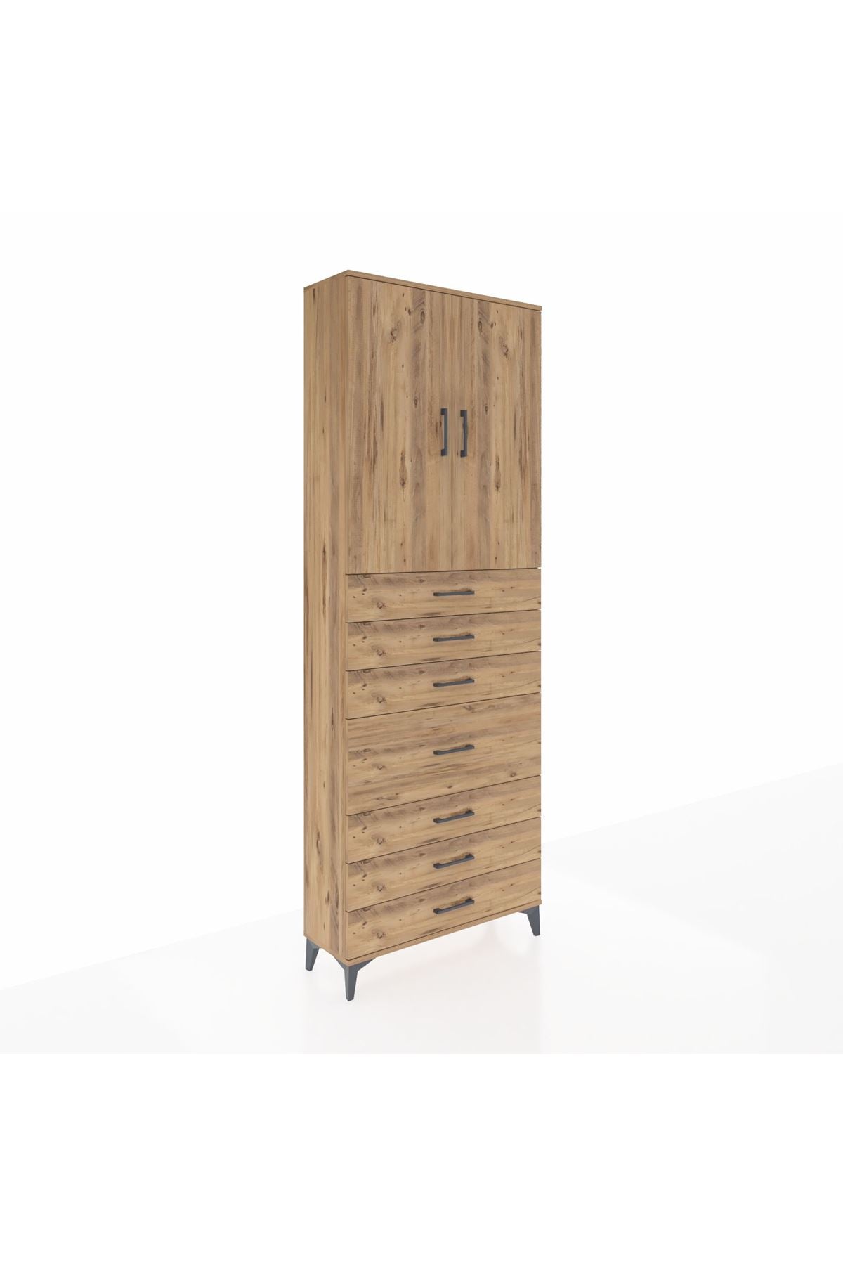 Arges Dolap 3 Raflı 7 Çekmeceli 2 Kapaklı 88x30x243 Çam-Çam