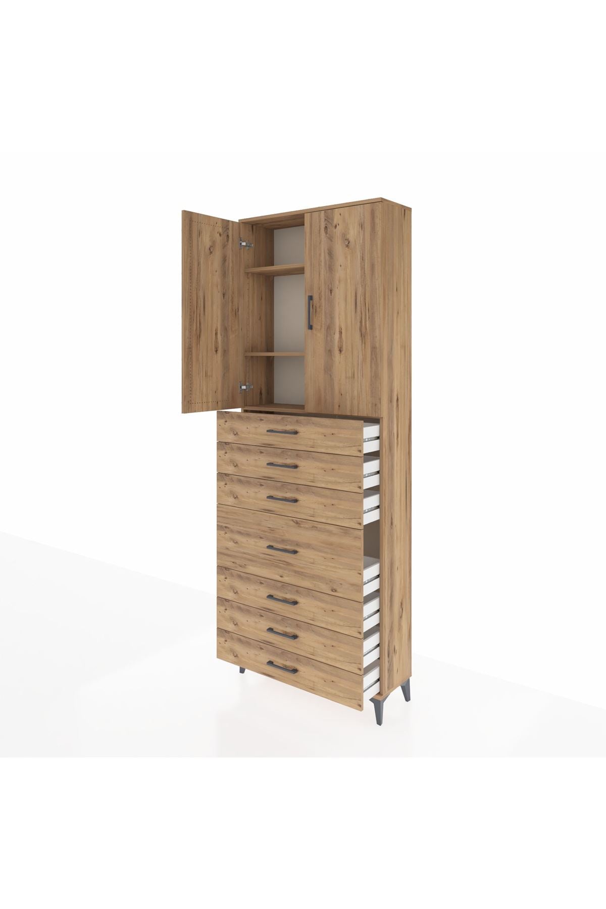 Arges Dolap 3 Raflı 7 Çekmeceli 2 Kapaklı 88x30x243 Çam-Çam