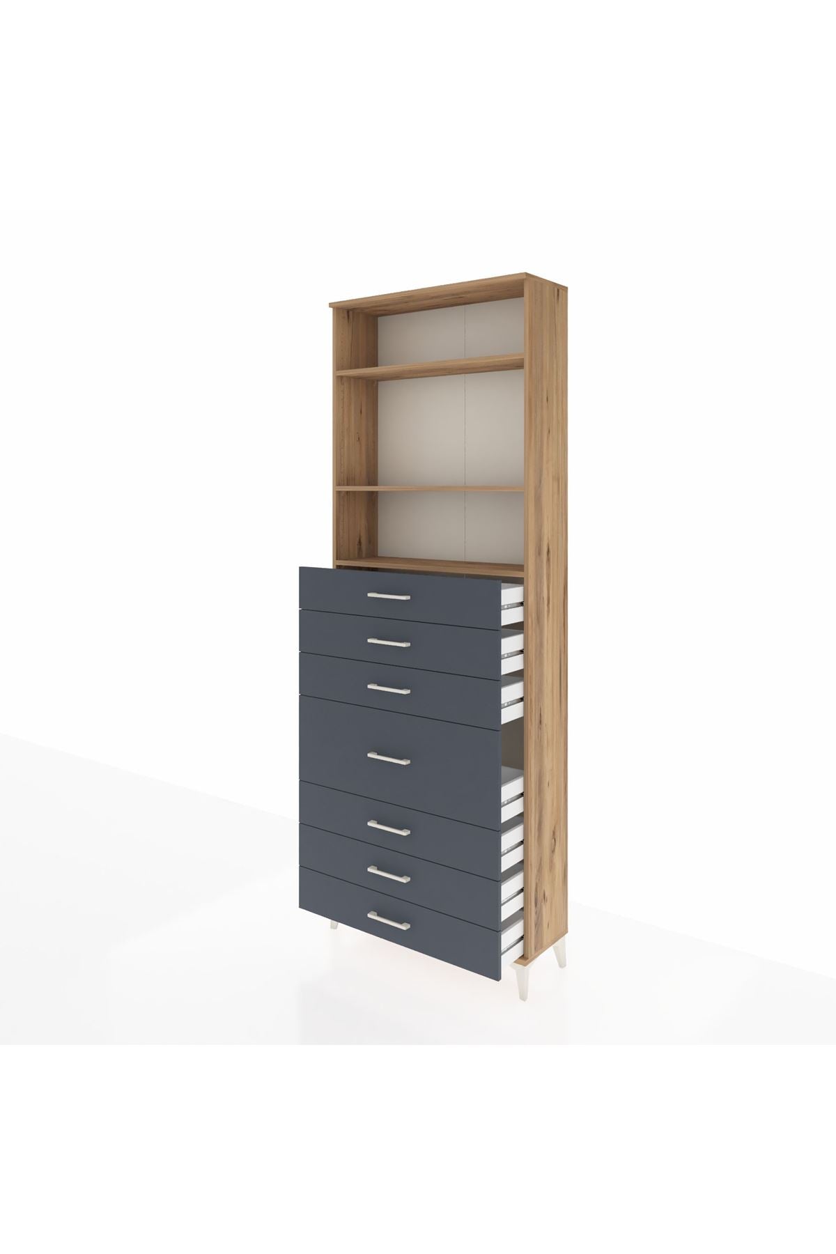 Arges Dolap 3 Raflı 7 Çekmeceli 88x30x243 Çam-Antrasit