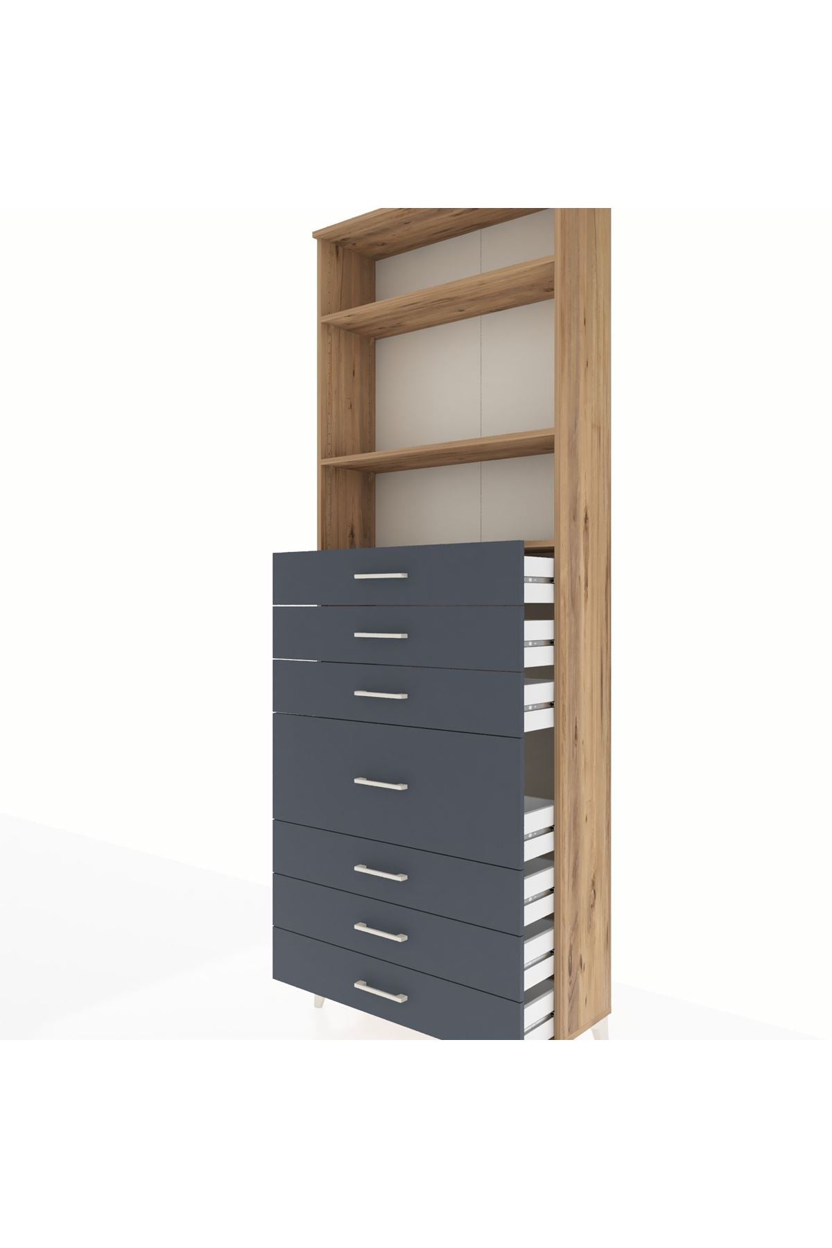 Arges Dolap 3 Raflı 7 Çekmeceli 88x30x243 Çam-Antrasit