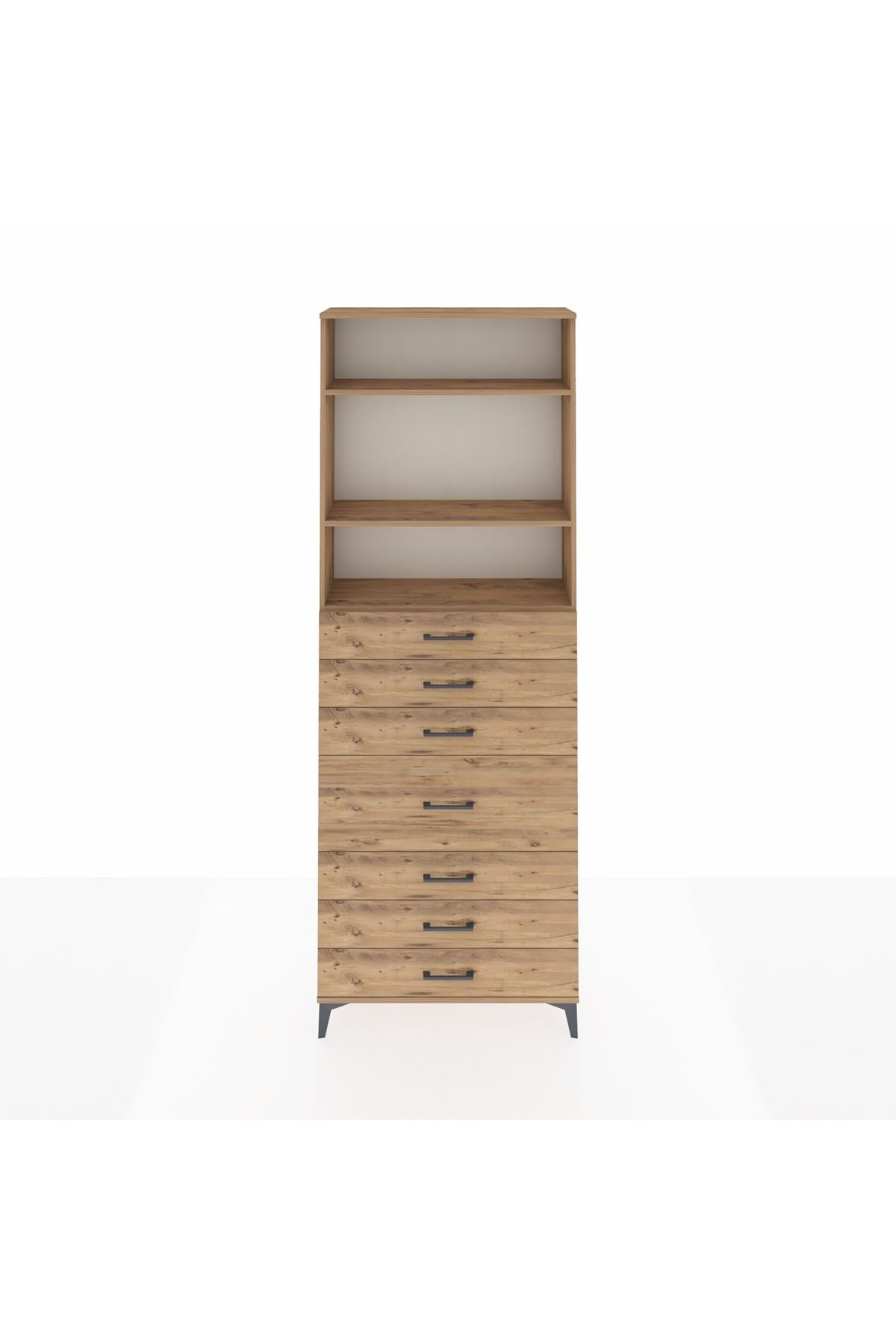 Arges Dolap 3 Raflı 7 Çekmeceli 88x30x243 Çam-Çam