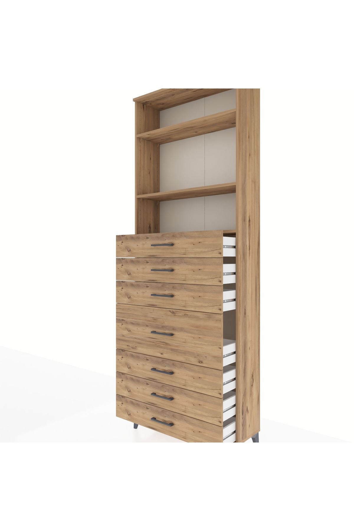 Arges Dolap 3 Raflı 7 Çekmeceli 88x30x243 Çam-Çam