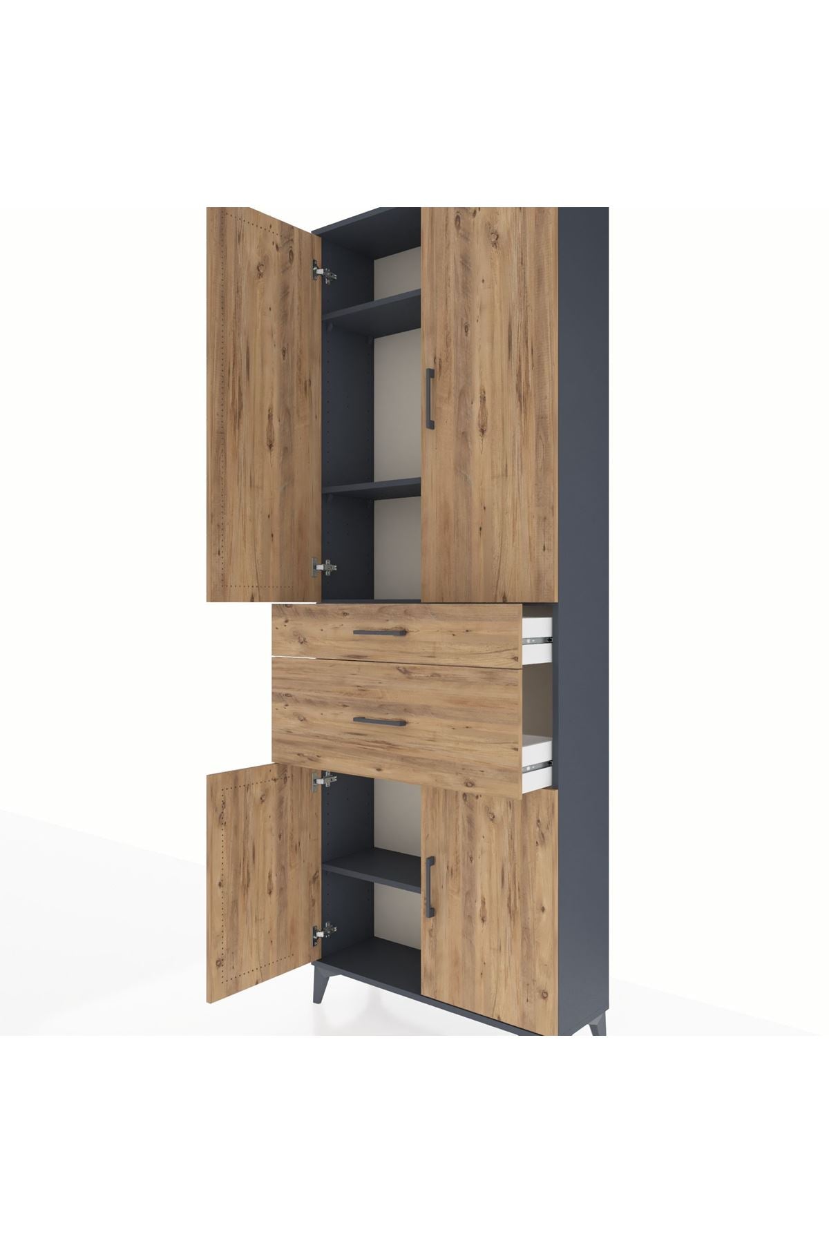 Arges Dolap 4 Raflı 2 Çekmeceli 4 Kapaklı 88x30x243 Antrasit-Çam