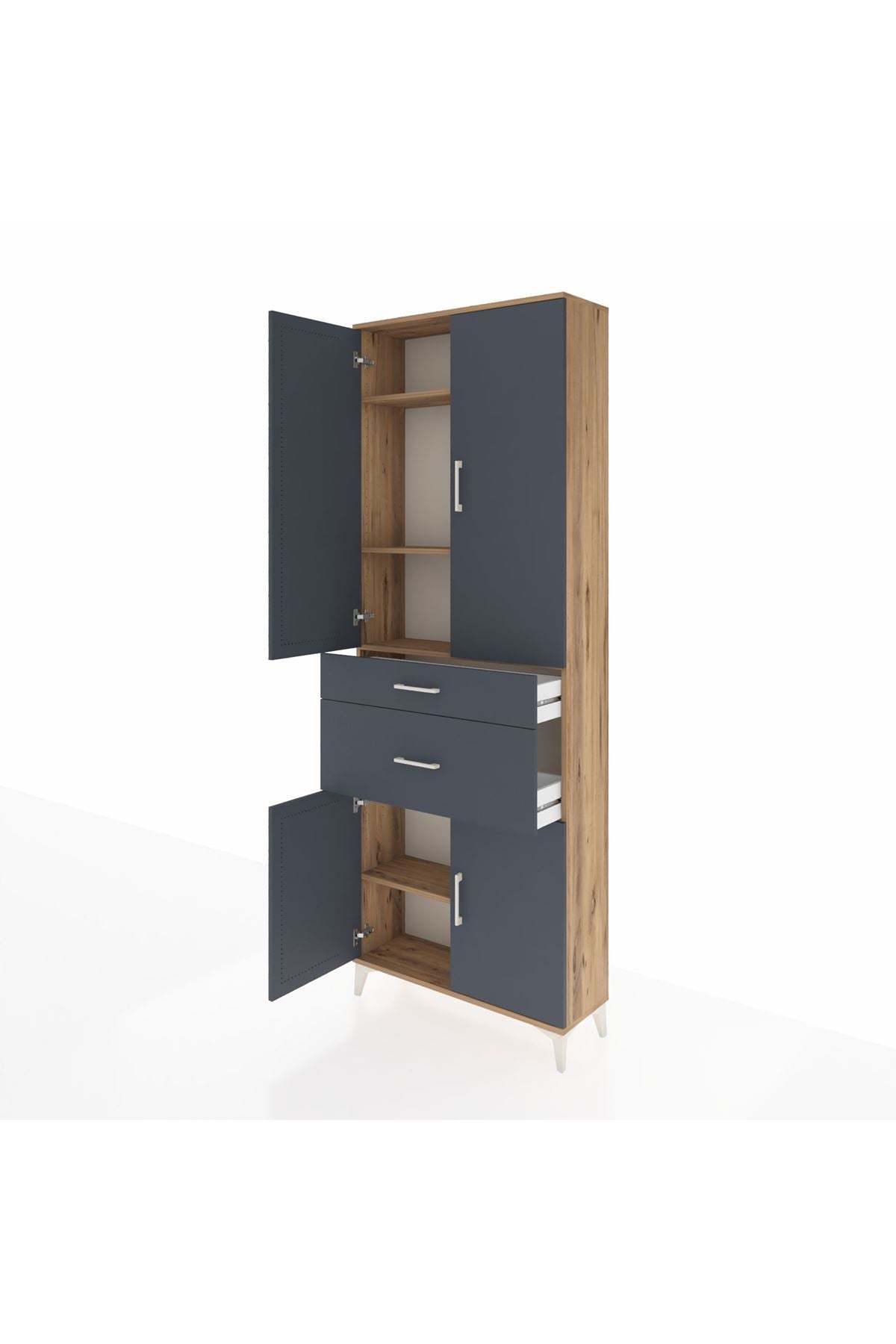 Arges Dolap 4 Raflı 2 Çekmeceli 4 Kapaklı 88x30x243 Çam-Antrasit