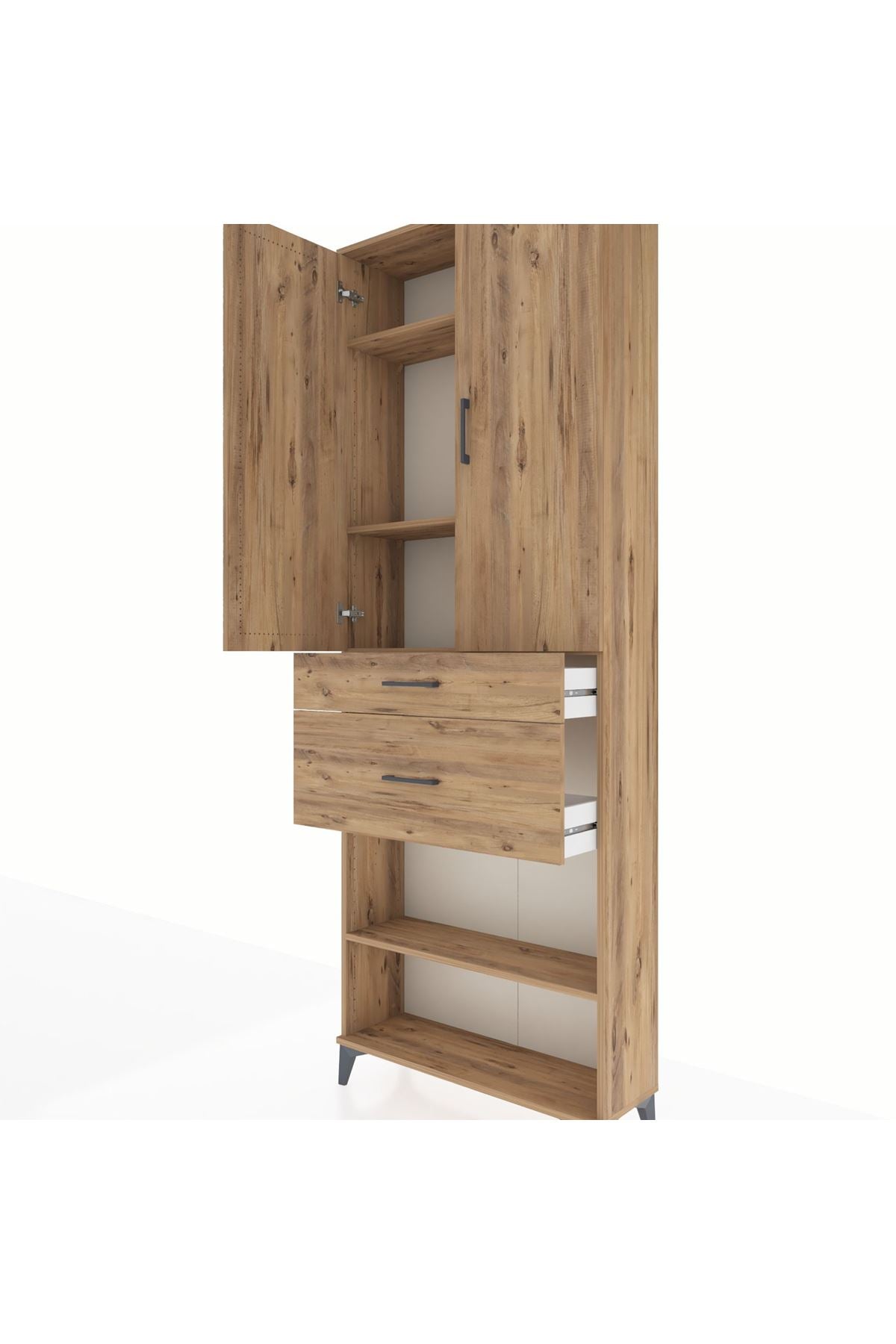 Arges Dolap 4 Raflı 2 Çekmeceli 2 Kapaklı 88x30x243 Çam-Çam