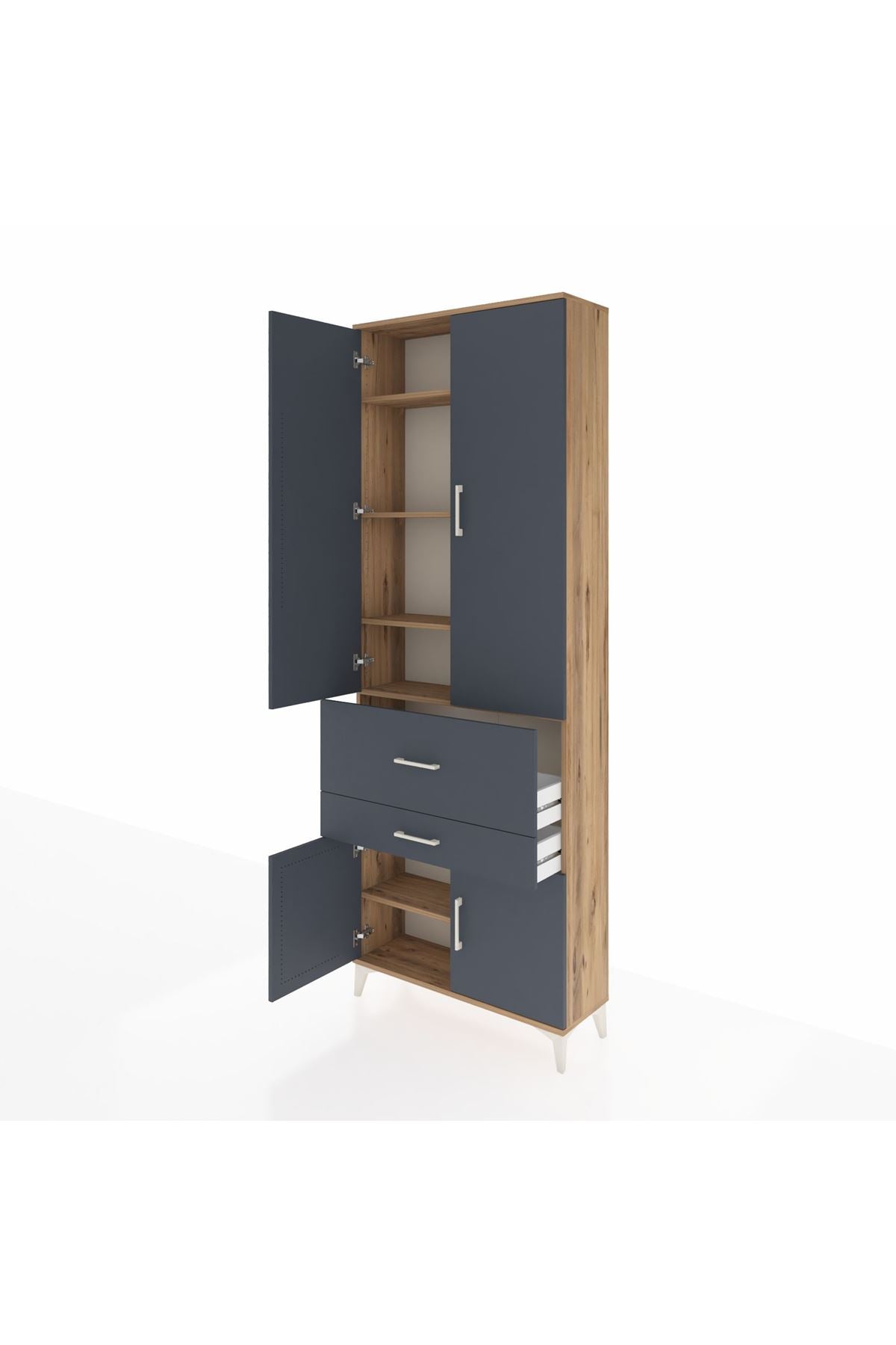 Arges Dolap 5 Raflı 2 Çekmeceli 4 Kapaklı 88x30x243 Çam-Antrasit