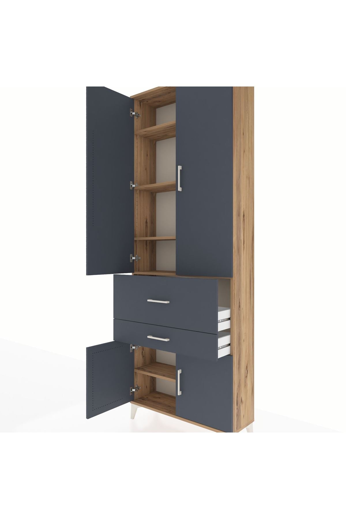 Arges Dolap 5 Raflı 2 Çekmeceli 4 Kapaklı 88x30x243 Çam-Antrasit