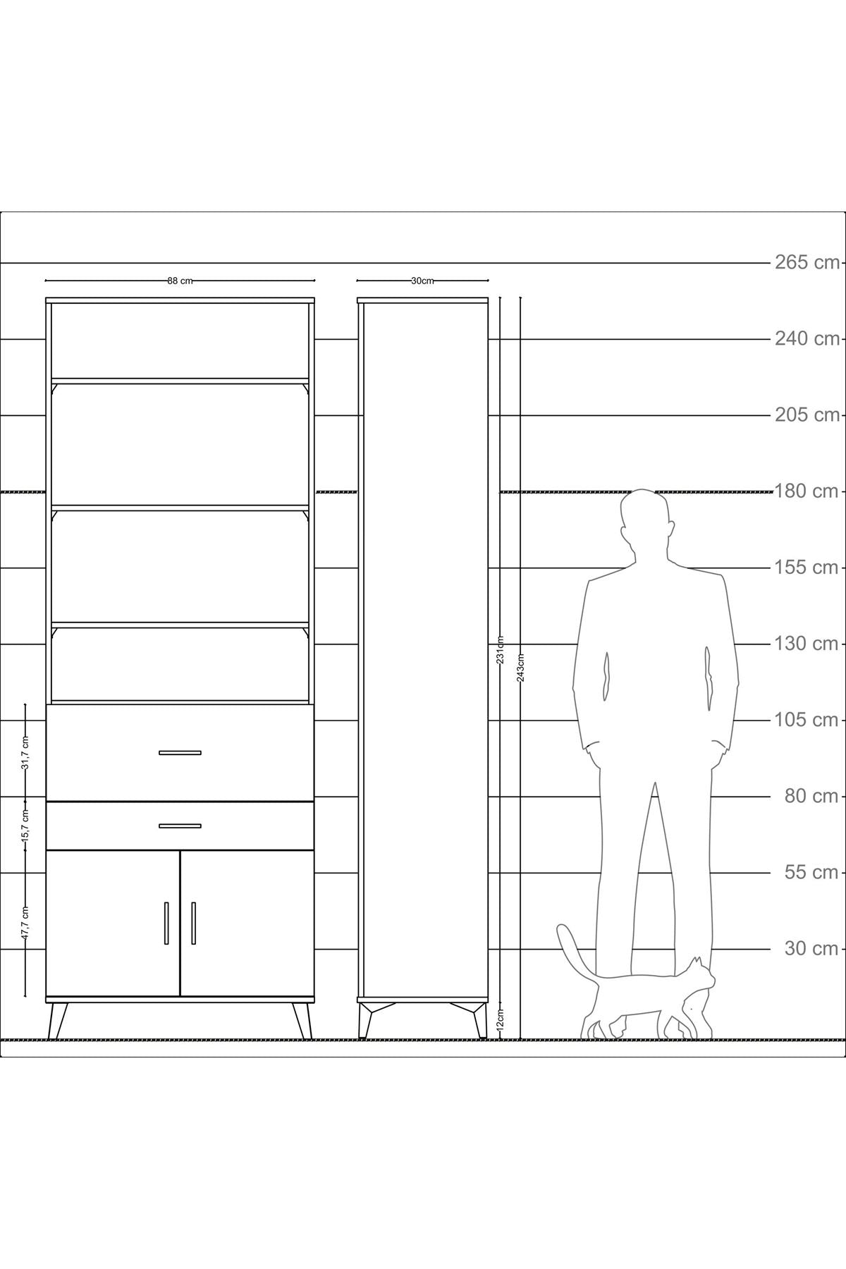 Arges Dolap 5 Raflı 2 Çekmeceli 2 Kapaklı 88x30x243 Antrasit-Çam
