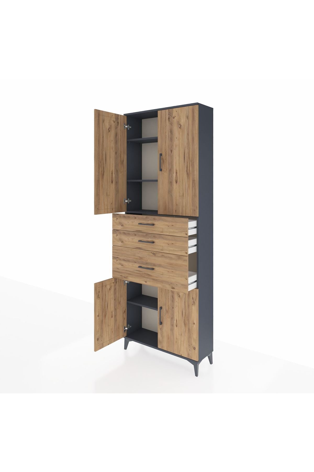 Arges Dolap 4 Raflı 3 Çekmeceli 4 Kapaklı 88x30x243 Antrasit-Çam