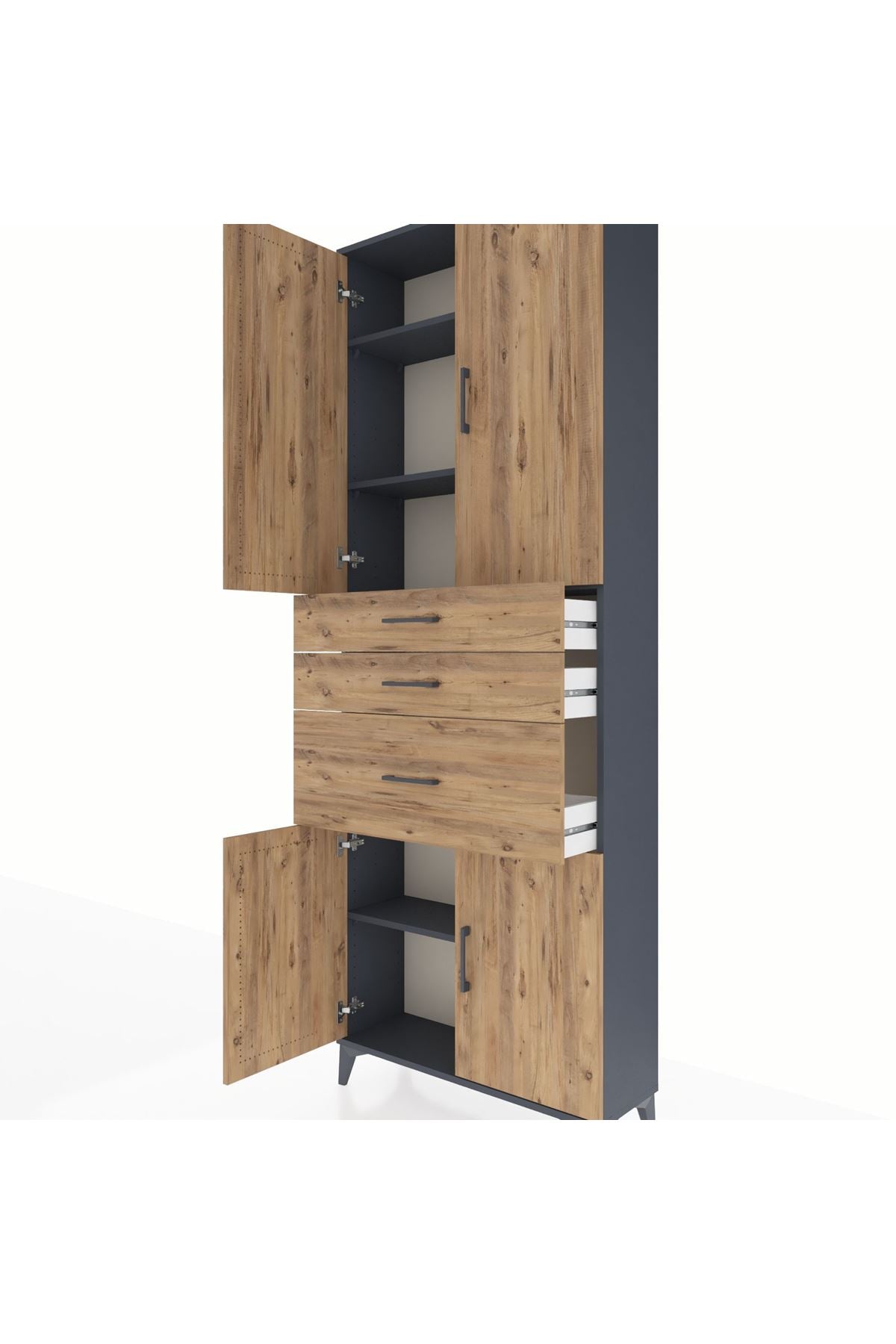 Arges Dolap 4 Raflı 3 Çekmeceli 4 Kapaklı 88x30x243 Antrasit-Çam