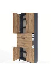 Arges Dolap 4 Raflı 3 Çekmeceli 4 Kapaklı 88x30x243 Antrasit-Çam