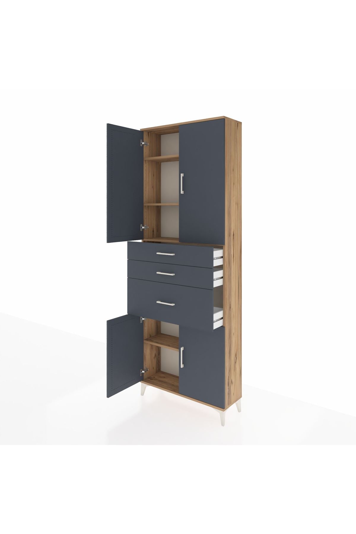 Arges Dolap 4 Raflı 3 Çekmeceli 4 Kapaklı 88x30x243 Çam-Antrasit