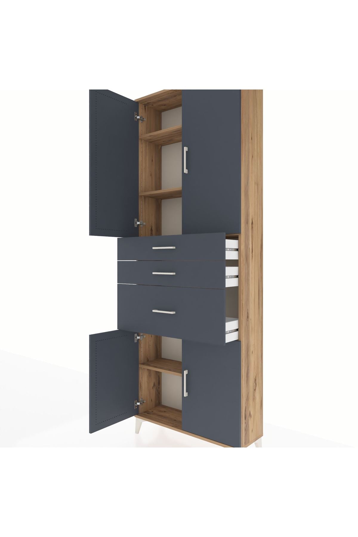 Arges Dolap 4 Raflı 3 Çekmeceli 4 Kapaklı 88x30x243 Çam-Antrasit