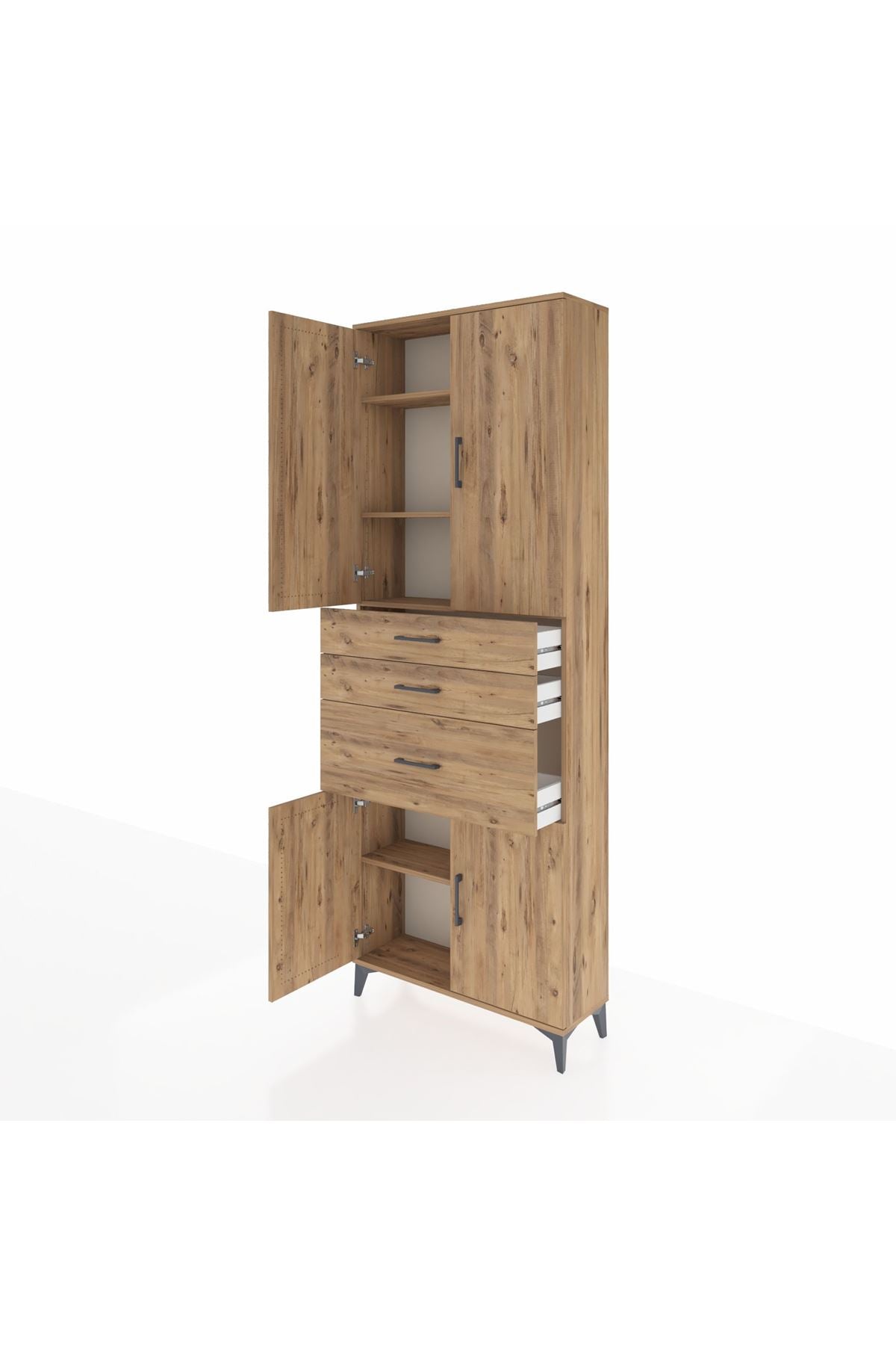 Arges Dolap 4 Raflı 3 Çekmeceli 4 Kapaklı 88x30x243 Çam-Çam