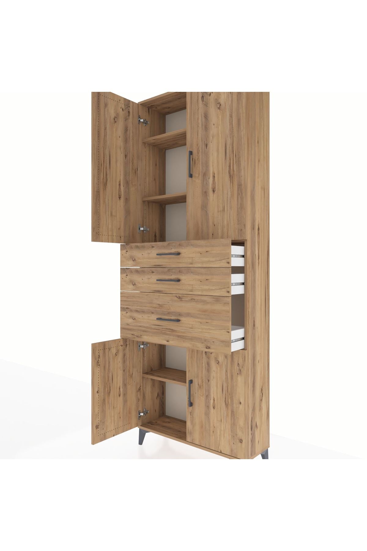 Arges Dolap 4 Raflı 3 Çekmeceli 4 Kapaklı 88x30x243 Çam-Çam