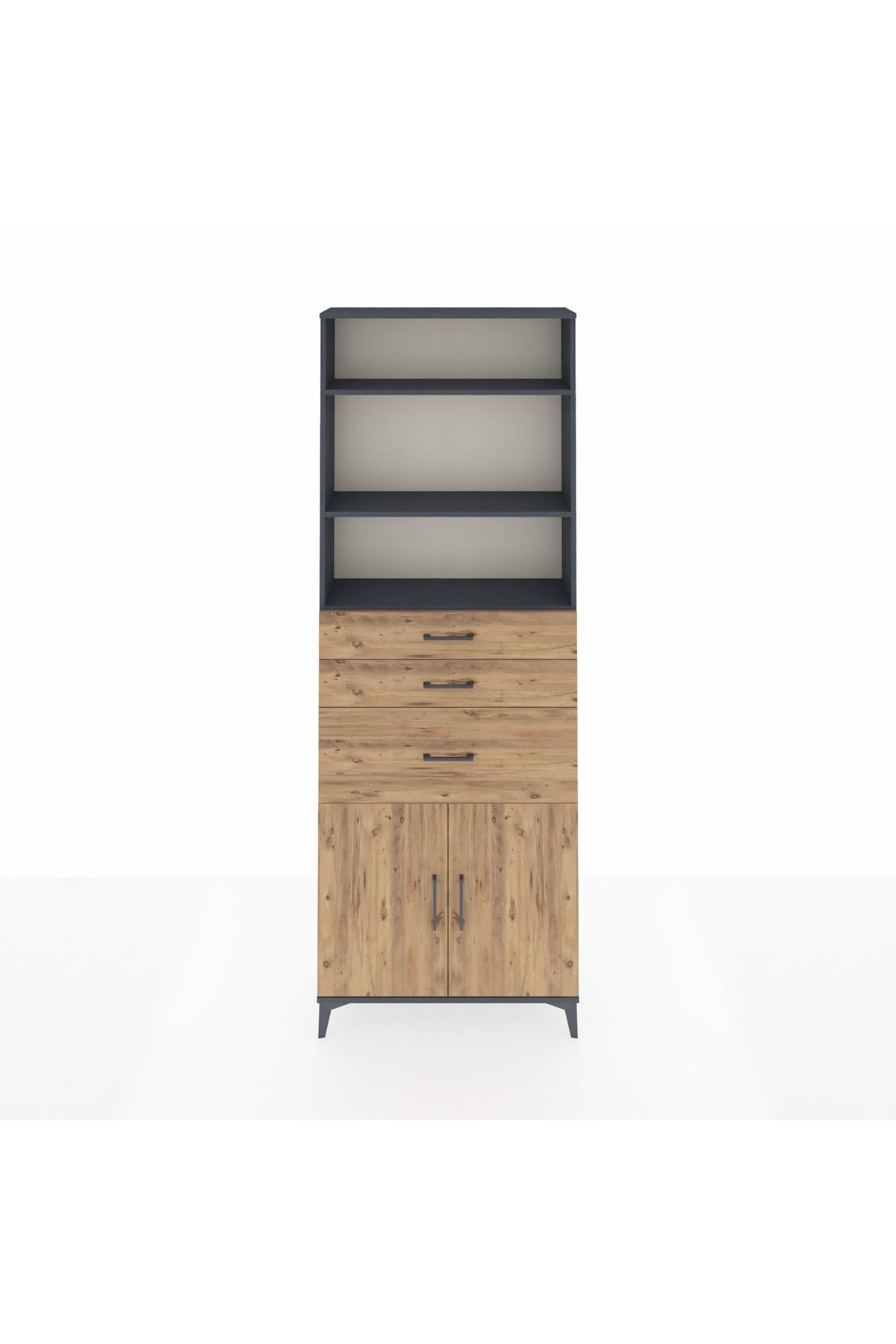 Arges Dolap 4 Raflı 3 Çekmeceli 2 Kapaklı 88x30x243 Antrasit-Çam