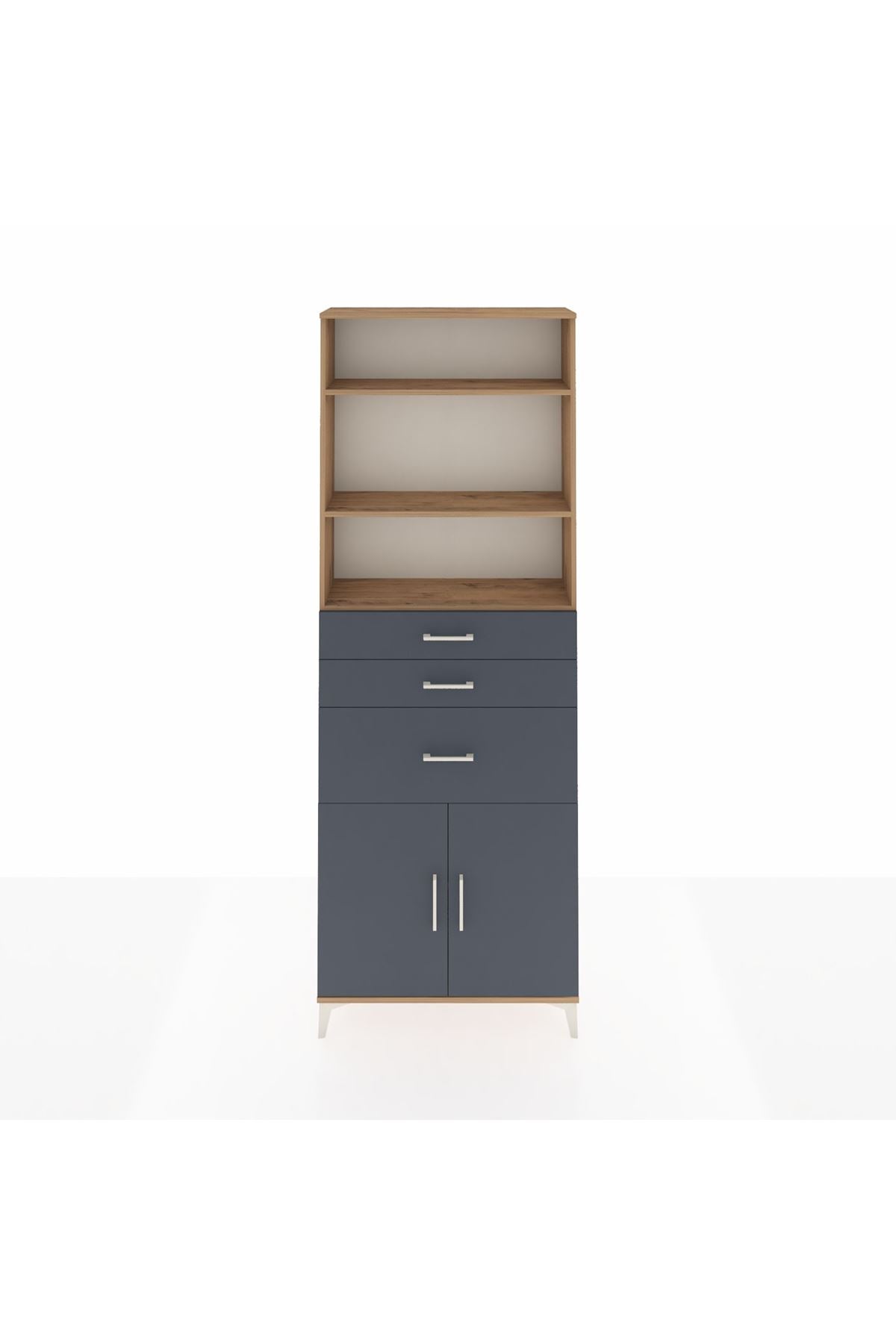 Arges Dolap 4 Raflı 3 Çekmeceli 2 Kapaklı 88x30x243 Çam-Antrasit