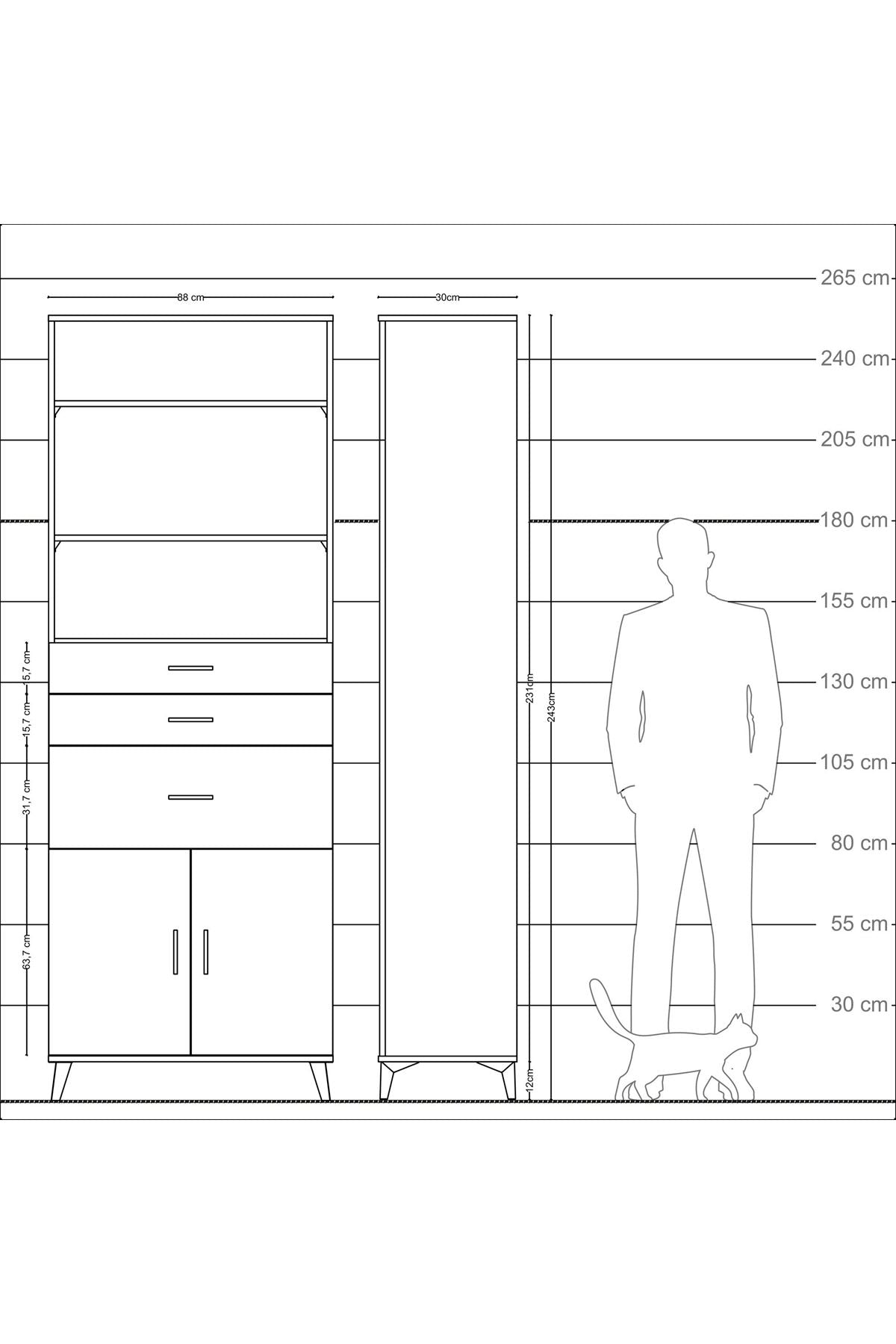 Arges Dolap 4 Raflı 3 Çekmeceli 2 Kapaklı 88x30x243 Çam-Antrasit