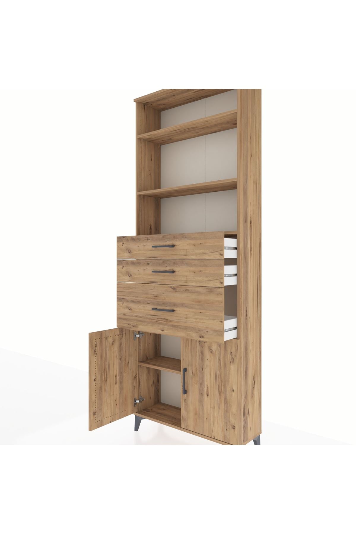 Arges Dolap 4 Raflı 3 Çekmeceli 2 Kapaklı 88x30x243 Çam-Çam