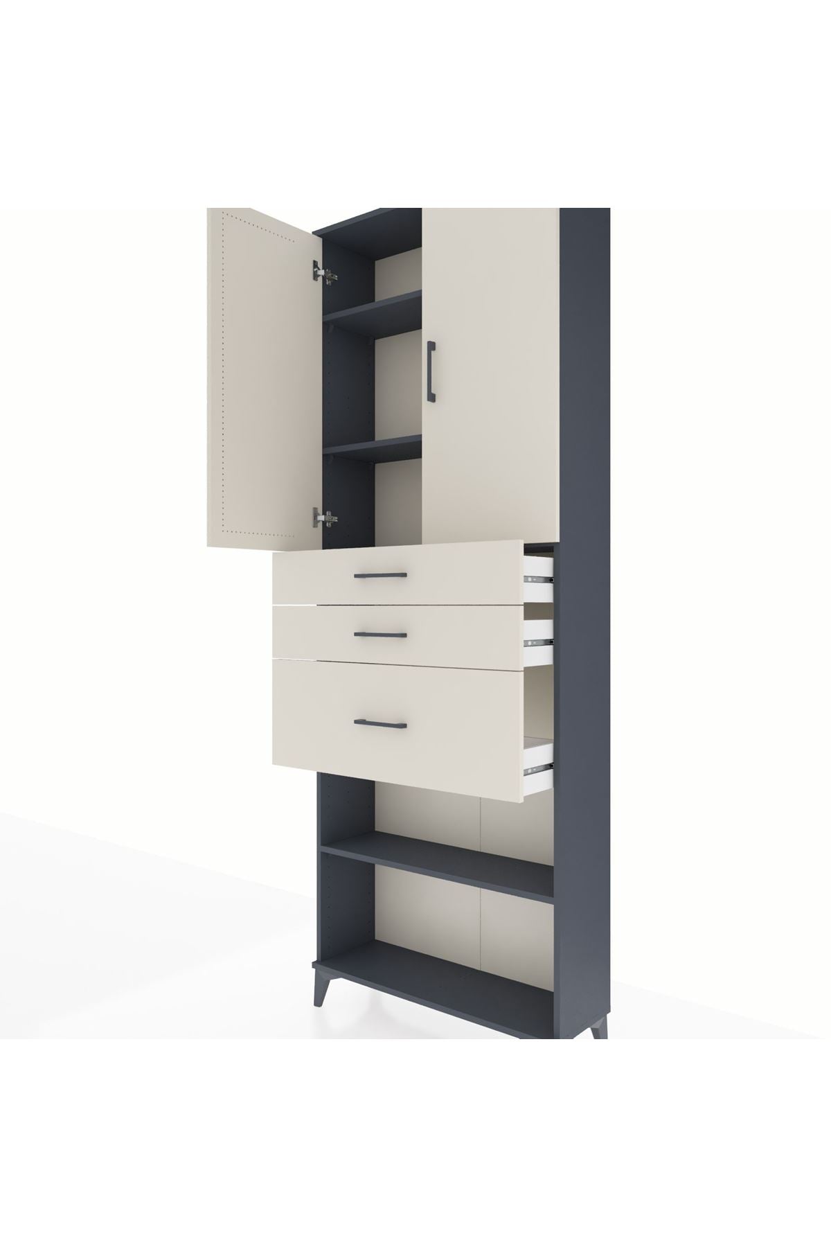 Arges Dolap 4 Raflı 3 Çekmeceli 2 Kapaklı 88x30x243 Antrasit-Aytaşı