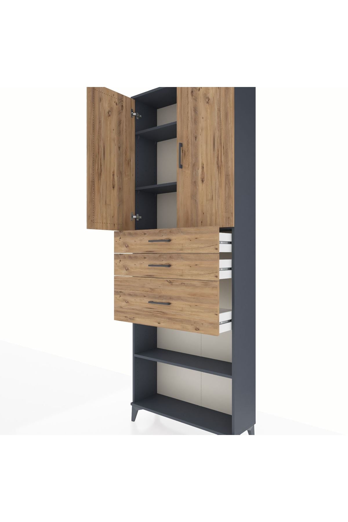 Arges Dolap 4 Raflı 3 Çekmeceli 2 Kapaklı 88x30x243 Antrasit-Çam