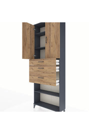 Arges Dolap 4 Raflı 3 Çekmeceli 2 Kapaklı 88x30x243 Antrasit-Çam