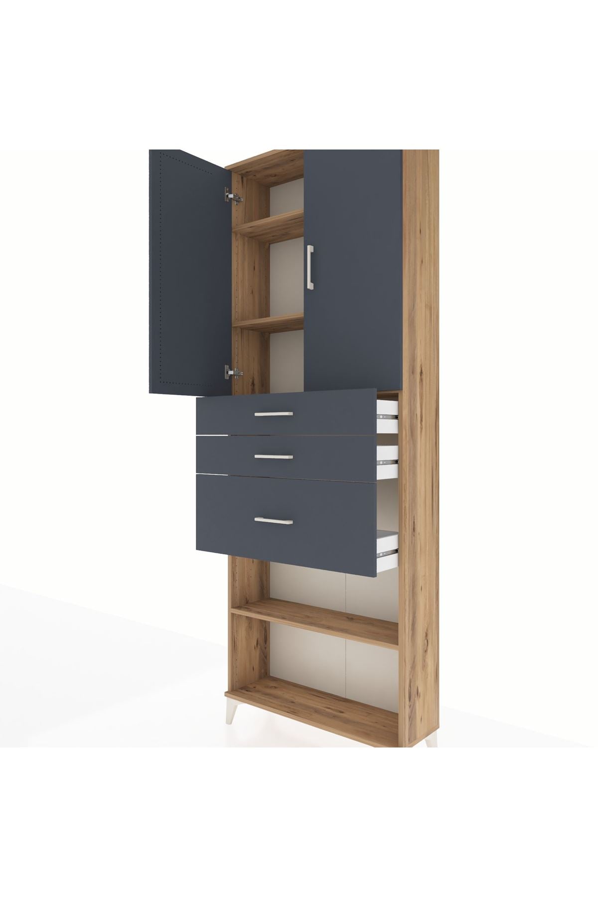 Arges Dolap 4 Raflı 3 Çekmeceli 2 Kapaklı 88x30x243 Çam-Antrasit