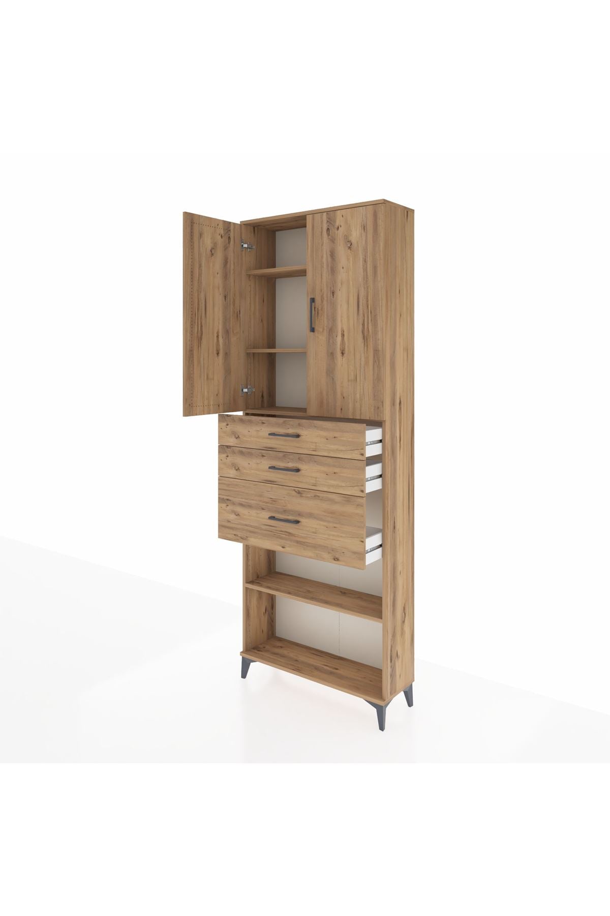 Arges Dolap 4 Raflı 3 Çekmeceli 2 Kapaklı 88x30x243 Çam-Çam