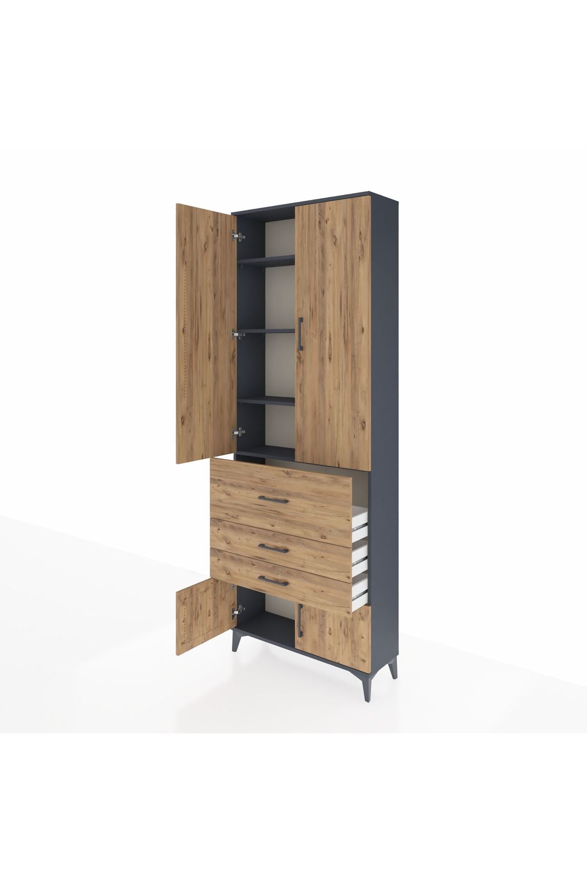 Arges Dolap 4 Raflı 3 Çekmeceli 2 Kapaklı 88x30x243 Antrasit-Çam