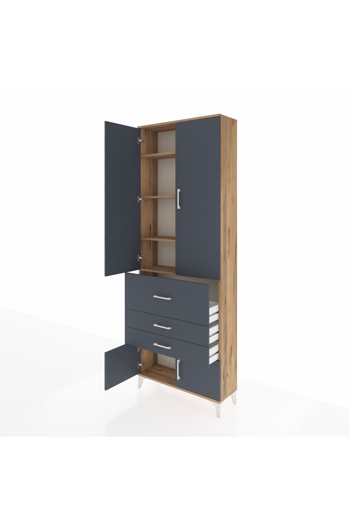 Arges Dolap 4 Raflı 3 Çekmeceli 2 Kapaklı 88x30x243 Çam-Antrasit
